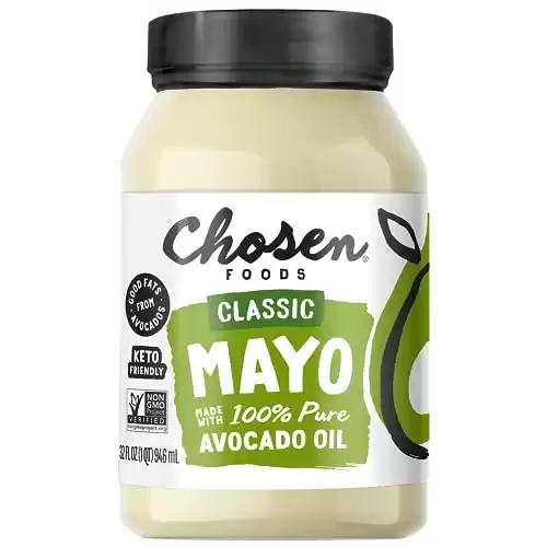 Chosen Foods 100% Avocado Oil-Based Classic Mayonnaise, Gluten & Dairy Free, Low-Carb, Keto & Paleo Diet Friendly, Mayo for Sandwiches, Dressings and Sauces, Made with Cage Free Eggs (32 Fl Oz...
