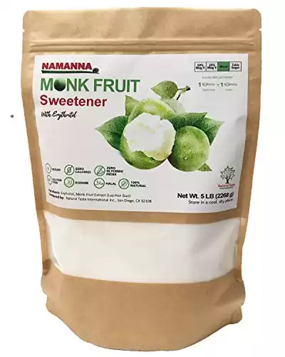 NAMANNA Monk Fruit Sweetener - 1:1 Sugar Substitute, Keto, Sugar Free, Non GMO, Kosher, Gluten Free, Classic White with Erythritol, Granulated, 5 lb