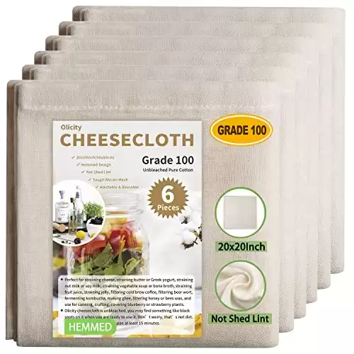 Olicity Hemmed Cheese Cloths, Grade 100, 20x20Inch, 100% Unbleached Precut Muslin - 6 Pieces